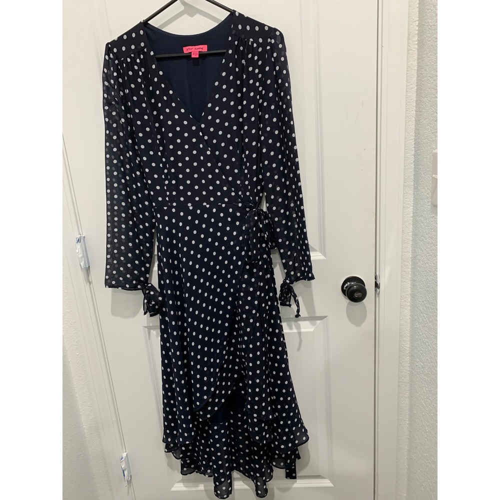 Betsey Johnson Navy Polka Dot Chiffon Wrap Dress High Low Ruffle Hem Size 10